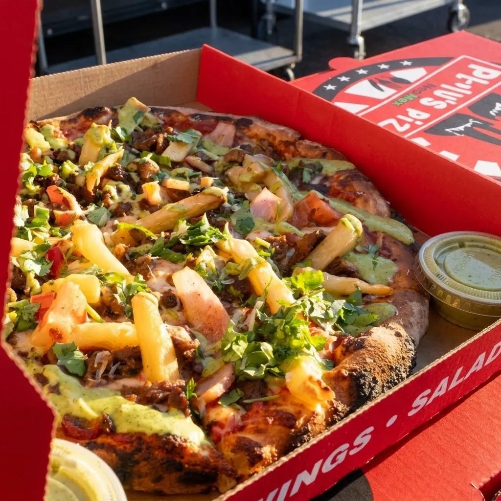 Loaded rectangular pizza with meat, herbs and green sauce in a red box