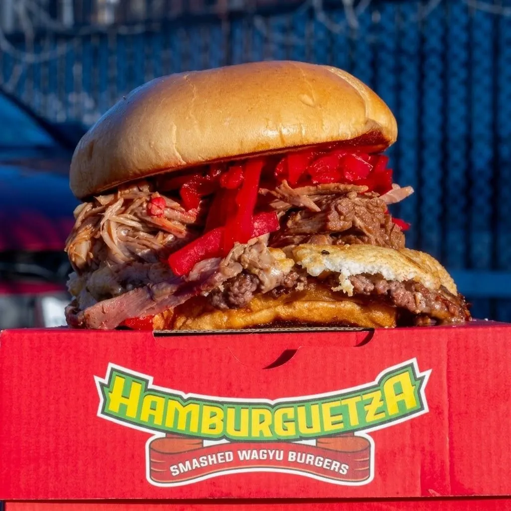 Loaded wagyu Hamburguetza burger with birria and red peppers