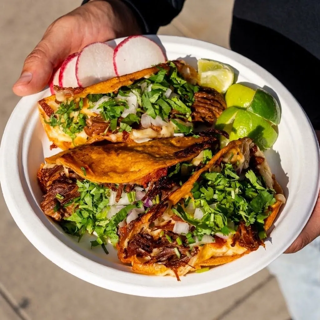 Tijuana-Peruvian tacos with radish and lime on a red sunburst table